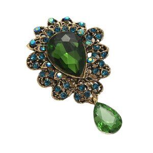 Brooch Green Glass Teardrop Dangle with Iridescent Teal Crystals Gold Tone